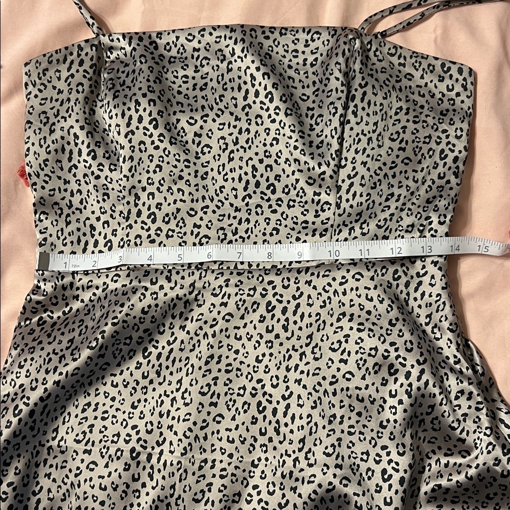 Socialite Satin Leopard Print Tie Strap Mini Dress Small | Smocked Back Animal - Picture 5 of 12
